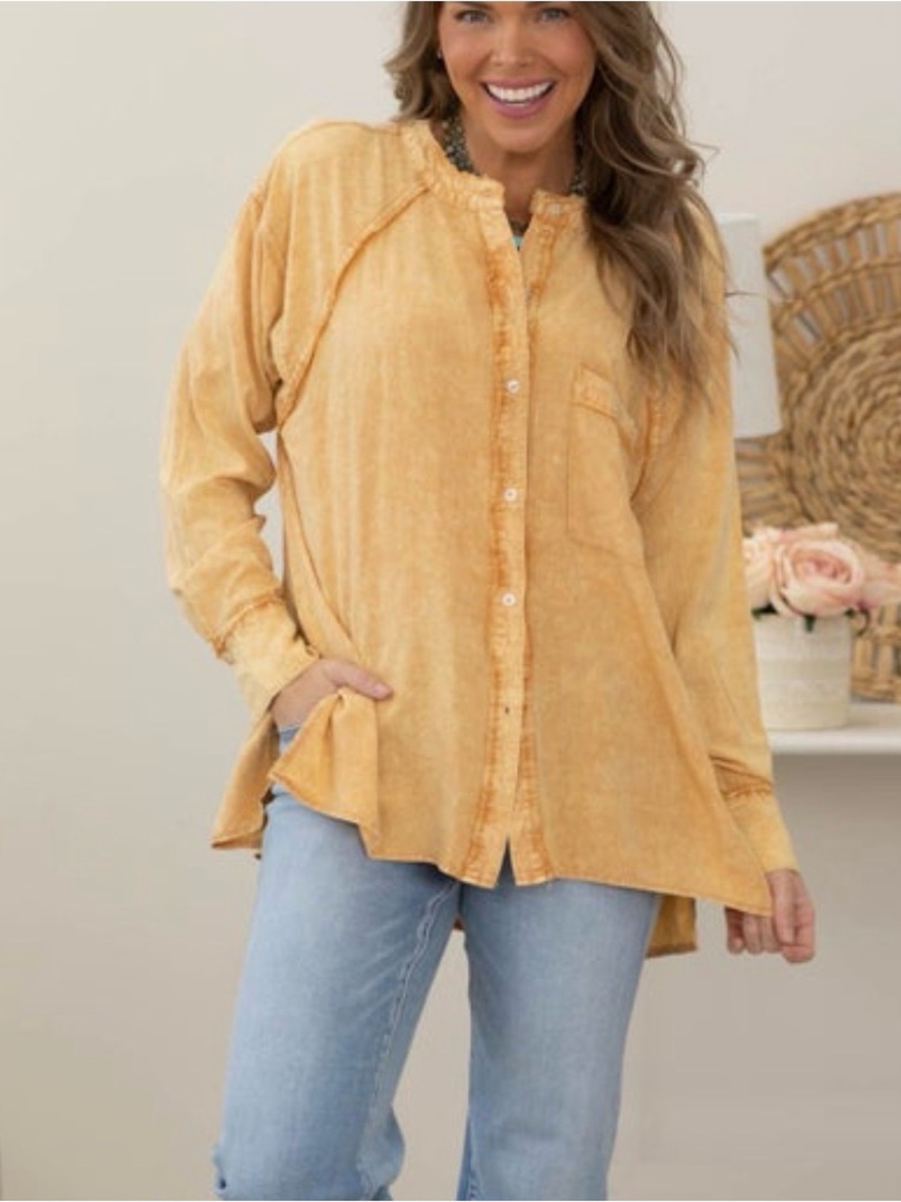 Washed Mustard Button-Down Shirt - Casual Women's Top